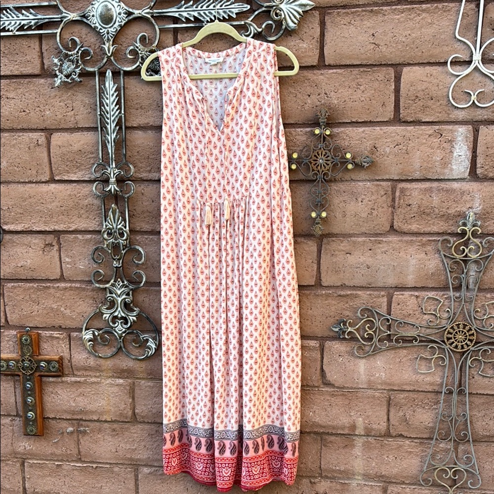 Beach lunch lounge Maxi Dress Paisley Pink Boho V-neck Sleeveless Size Large